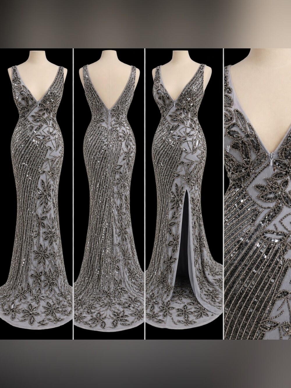 Primavera Couture Beaded Silver Gray V-Neck Evening Gown
